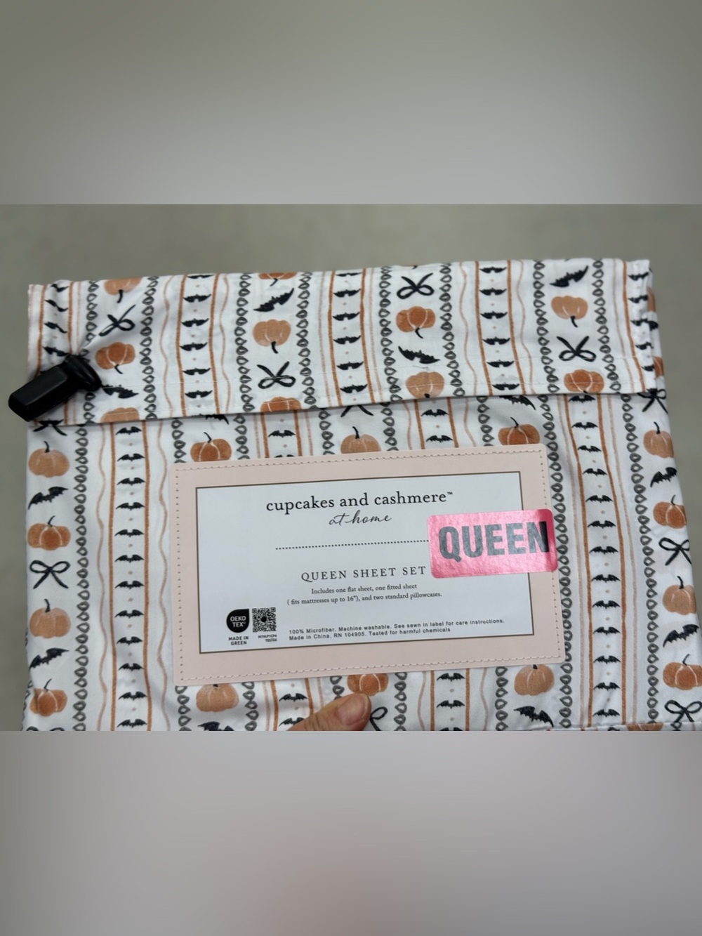 cupcakes & cashmere Pumpkin Stripe Queen Sheet Set - White, Tan, Black